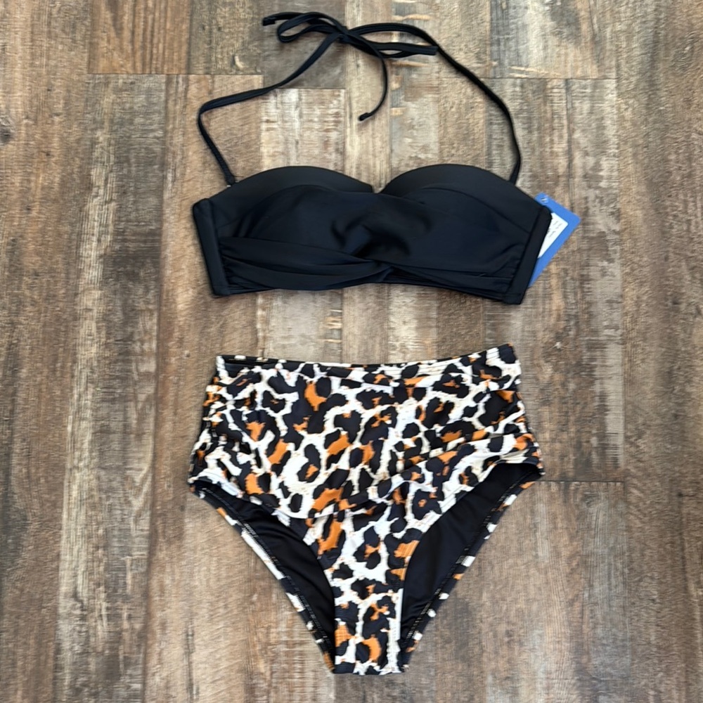 Black and Leopard Print Bikini Set